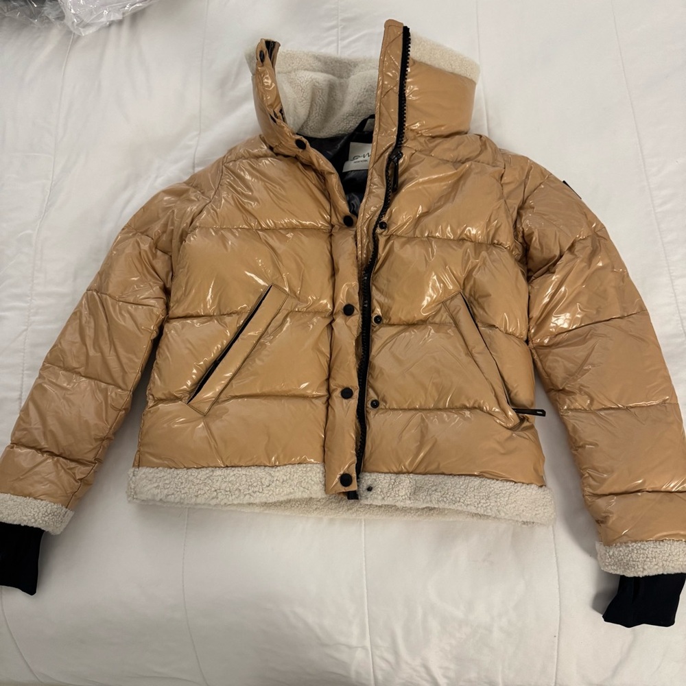 SAM - Tan Puffer Jacket with Black and Fur Detailing